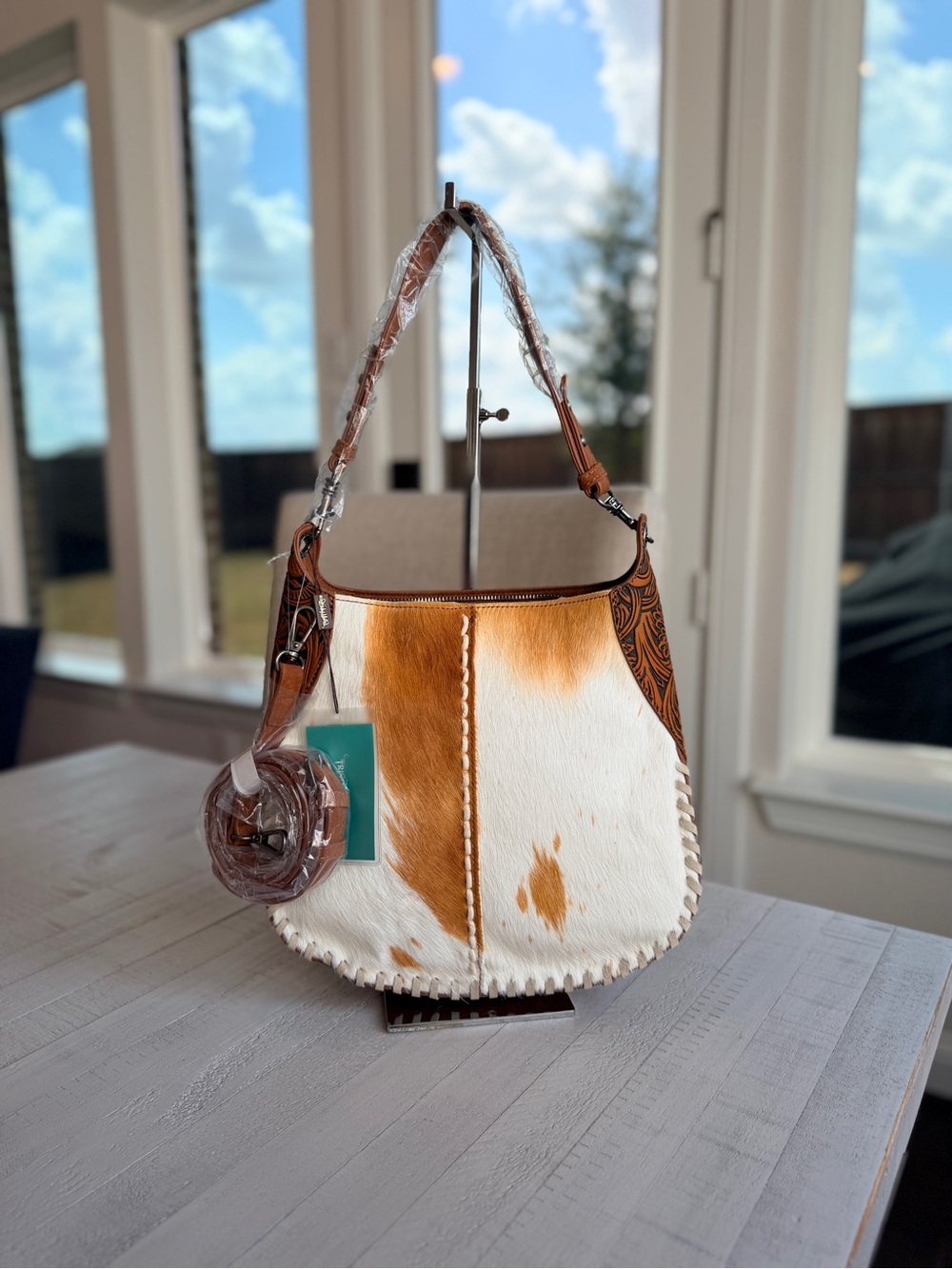 Trinity Ranch Cowhide ＆ Tooled Leather Hobo Crossbody Bag Brown
